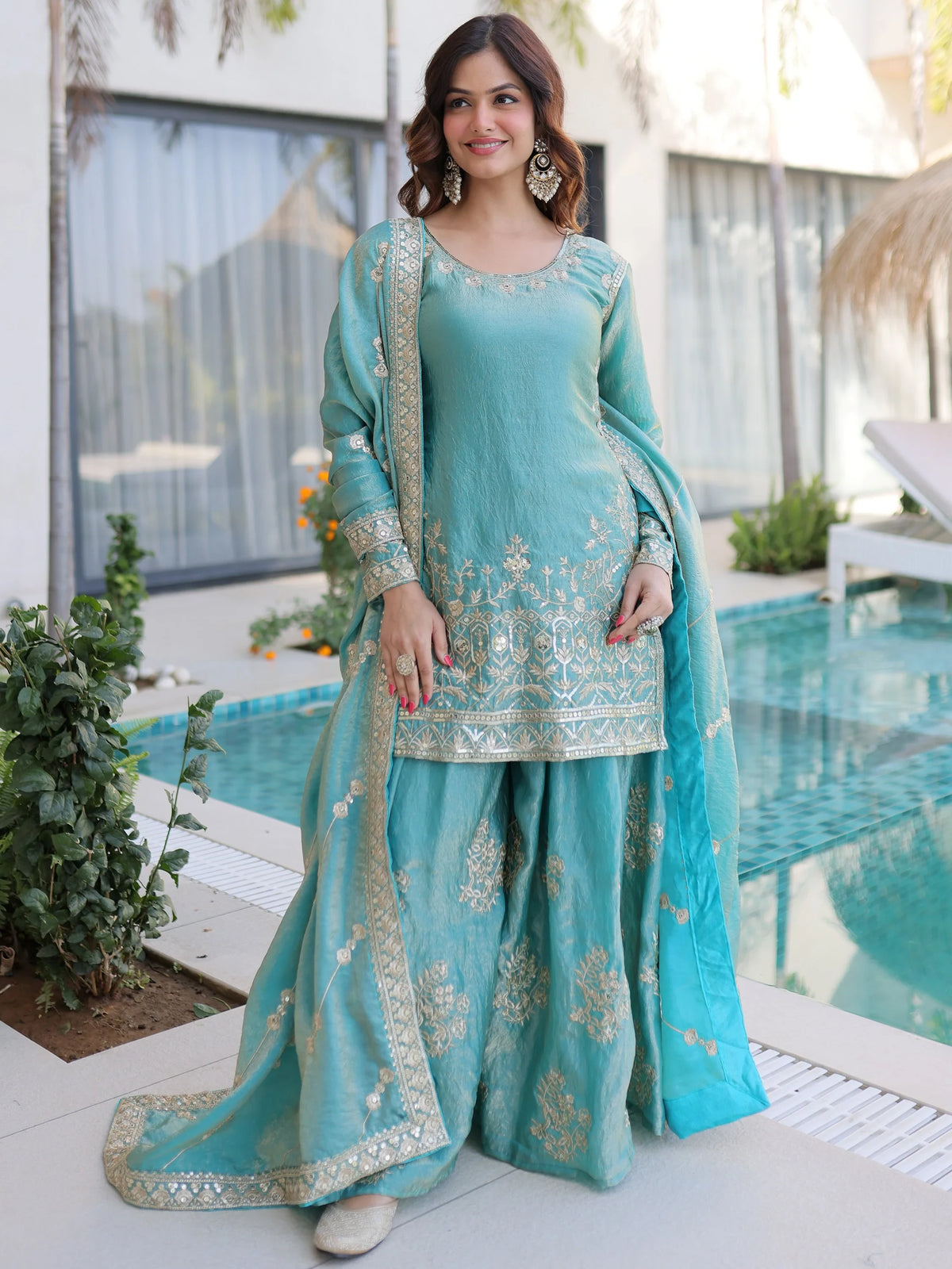 Adorable Sky Blue Zari Embroidered Crushed Function Wear Sharara Suit