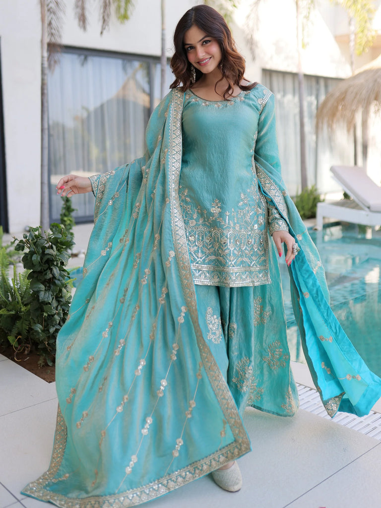 Adorable Sky Blue Zari Embroidered Crushed Function Wear Sharara Suit