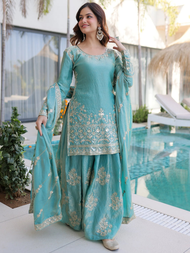 Adorable Sky Blue Zari Embroidered Crushed Function Wear Sharara Suit