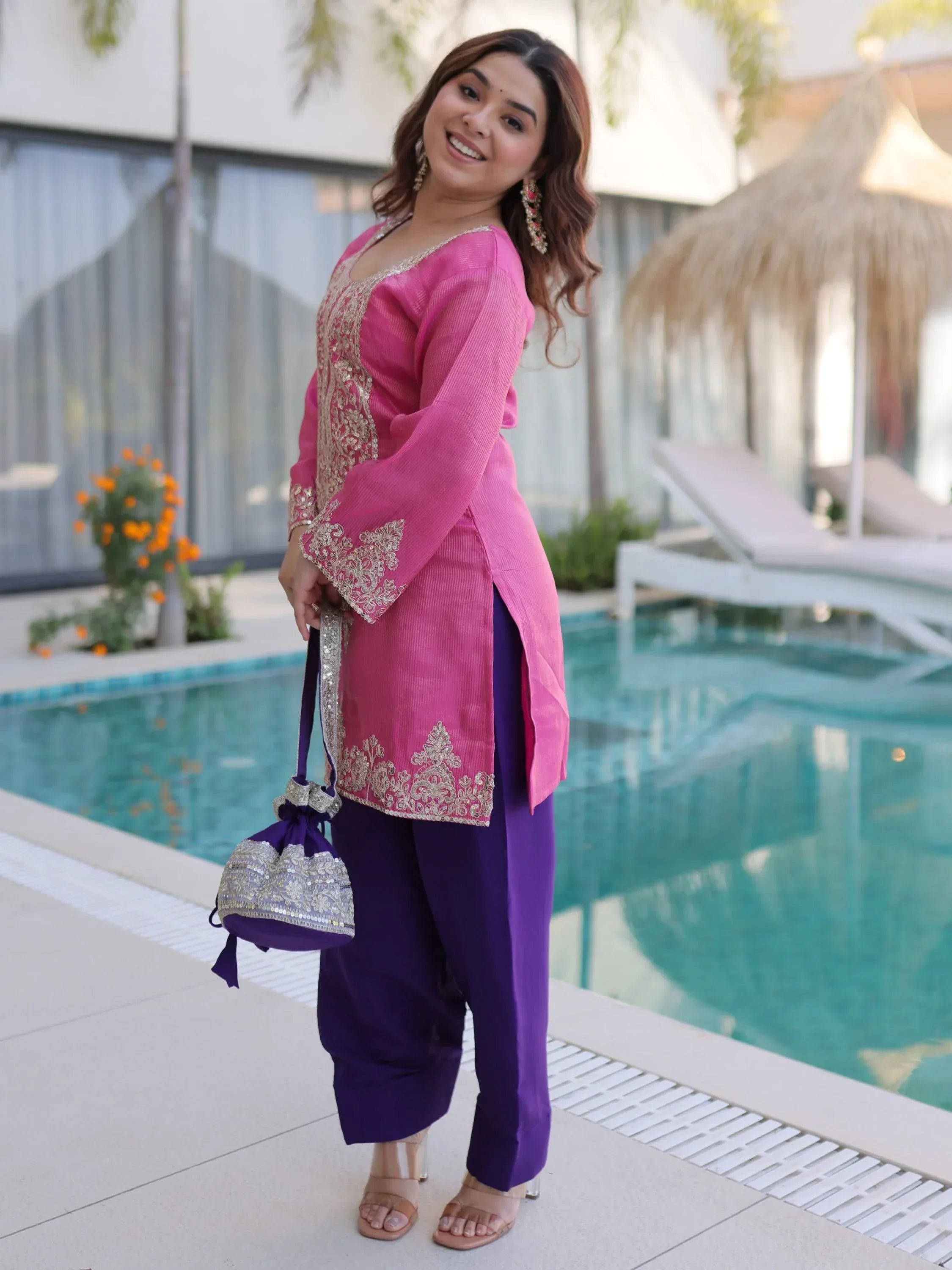 Alluring Pink Zari Work Viscose Traditional Salwar Kameez