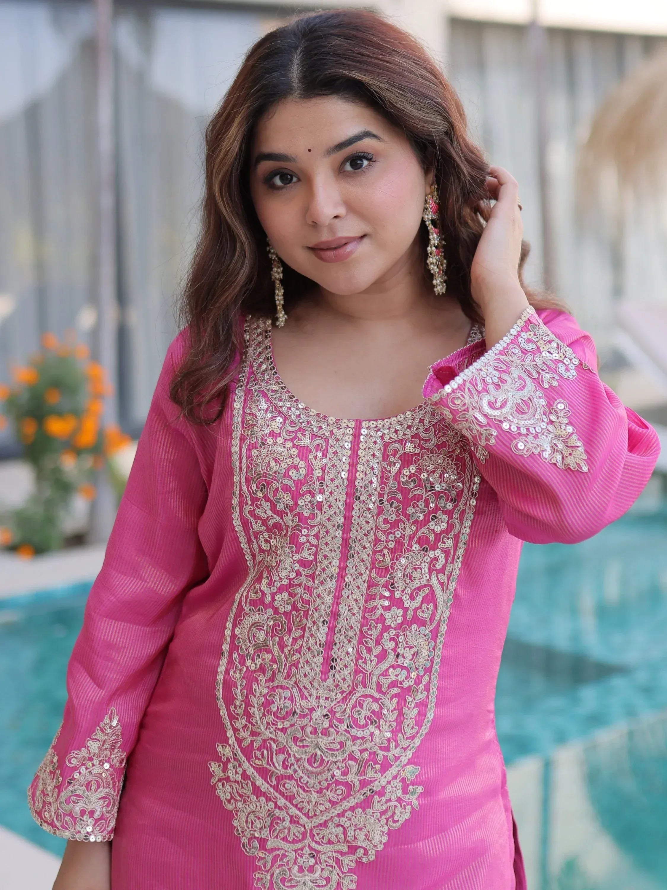 Alluring Pink Zari Work Viscose Traditional Salwar Kameez