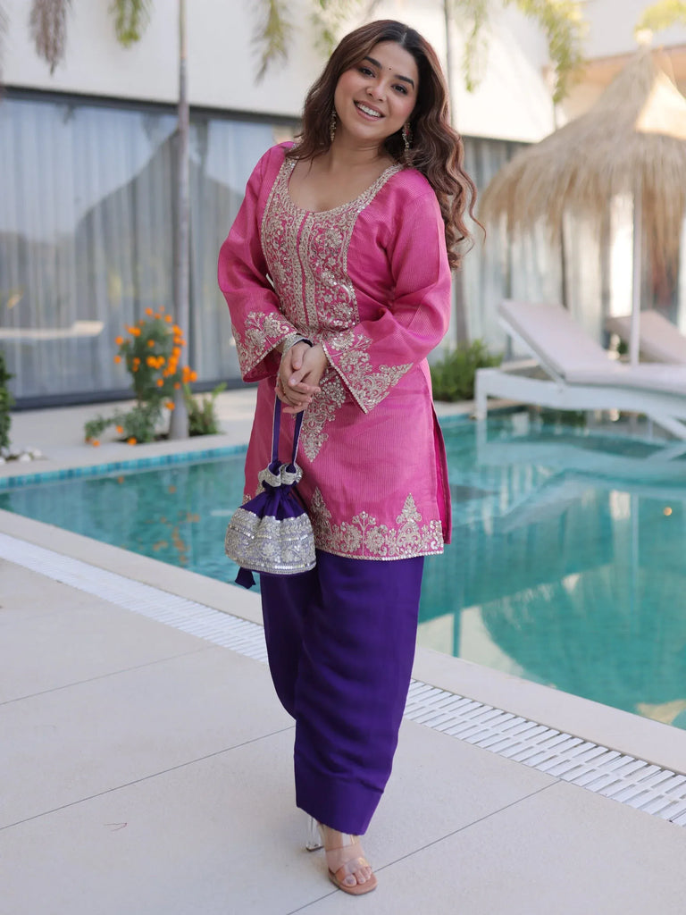 Alluring Pink Zari Work Viscose Traditional Salwar Kameez