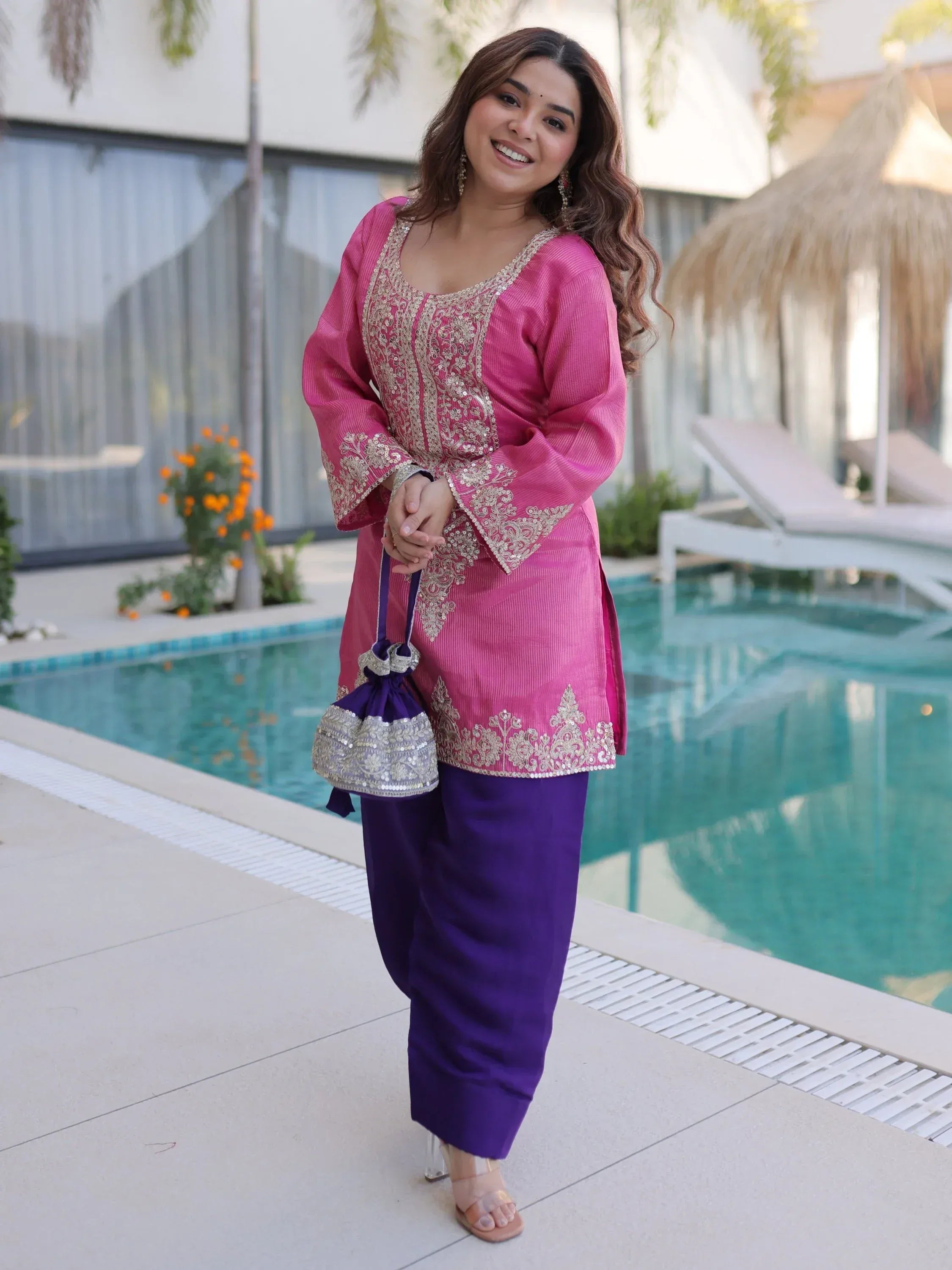 Alluring Pink Zari Work Viscose Traditional Salwar Kameez