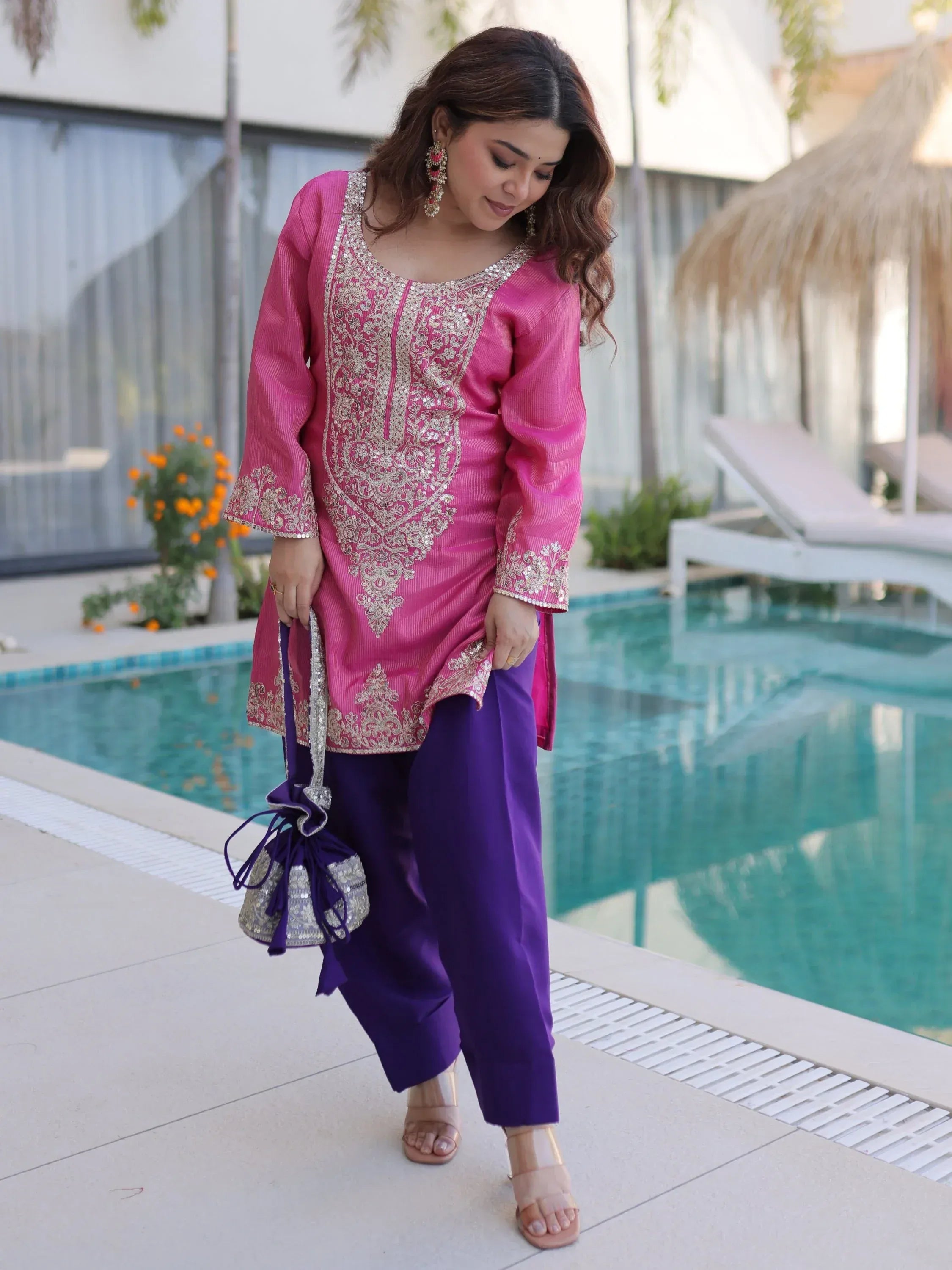 Alluring Pink Zari Work Viscose Traditional Salwar Kameez