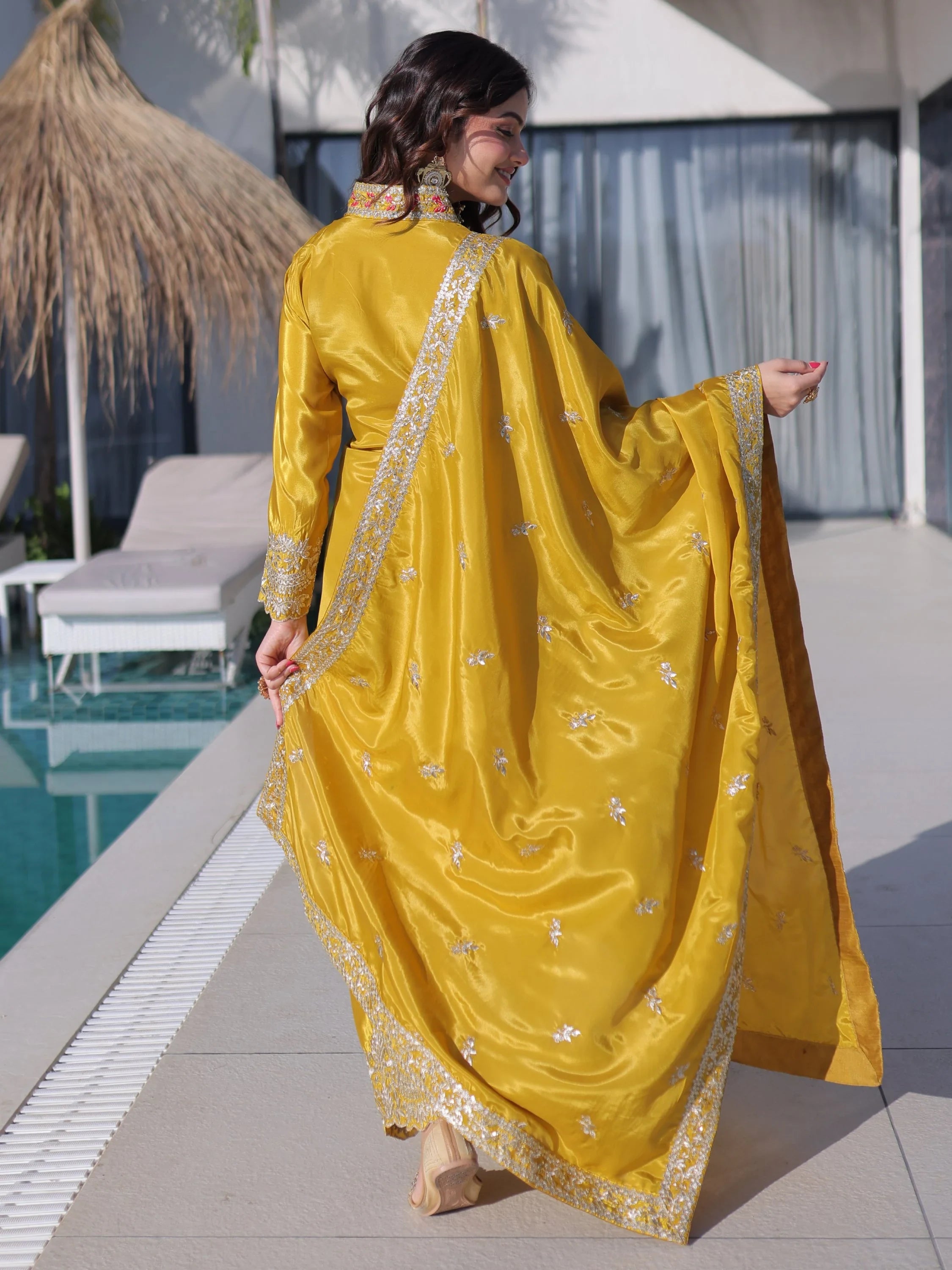 Splendid Mustard Yellow Zari Work Silk Haldi Wear Pant Suit With Dupatta