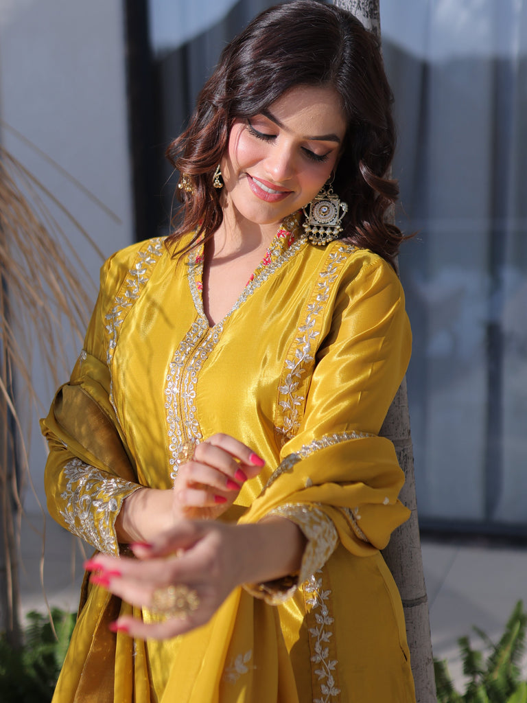 Splendid Mustard Yellow Zari Work Silk Haldi Wear Pant Suit With Dupatta