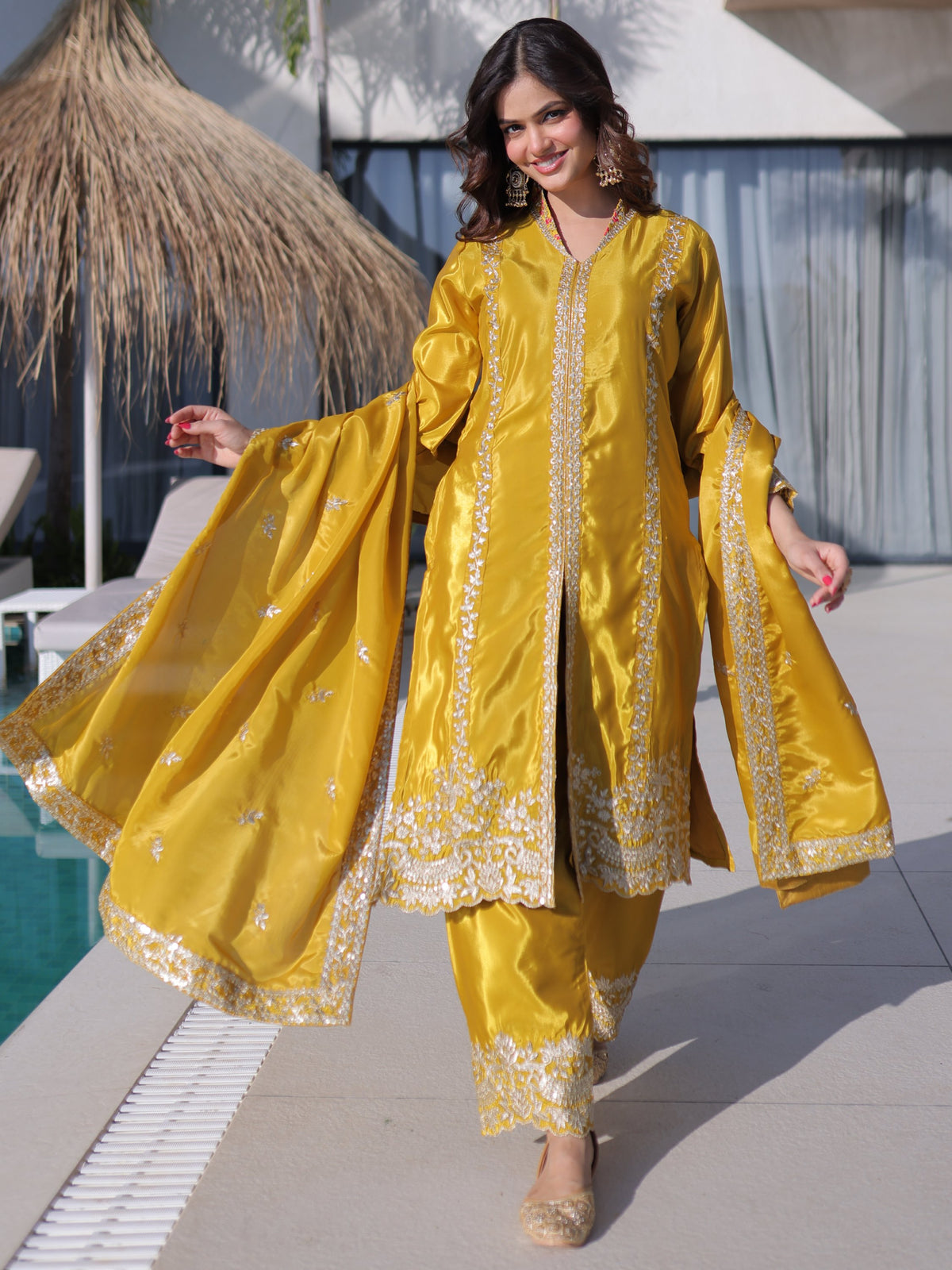 Splendid Mustard Yellow Zari Work Silk Haldi Wear Pant Suit With Dupatta