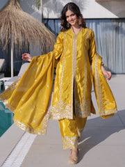 Splendid Mustard Yellow Zari Work Silk Haldi Wear Pant Suit With Dupatta