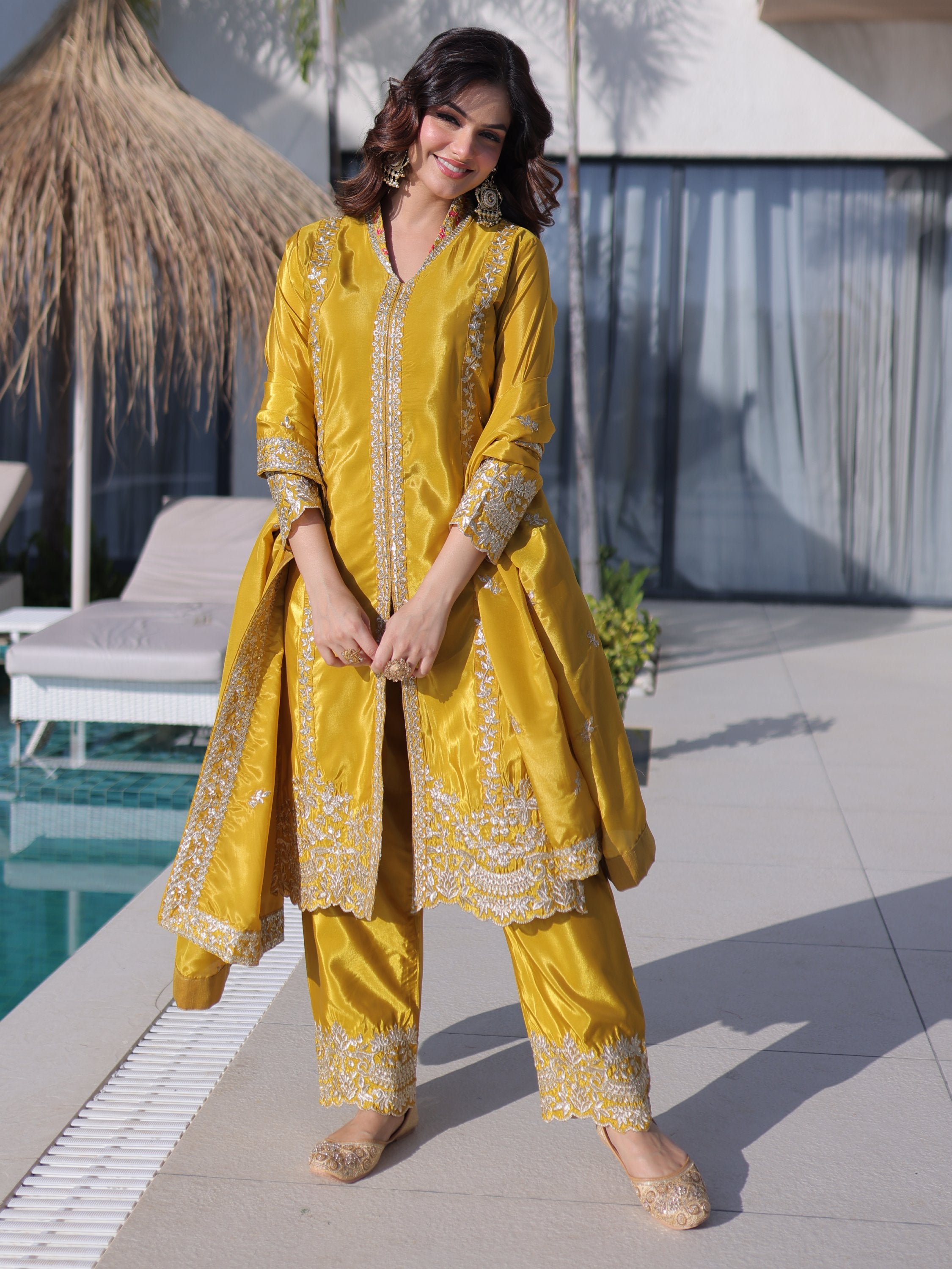 Splendid Mustard Yellow Zari Work Silk Haldi Wear Pant Suit With Dupatta