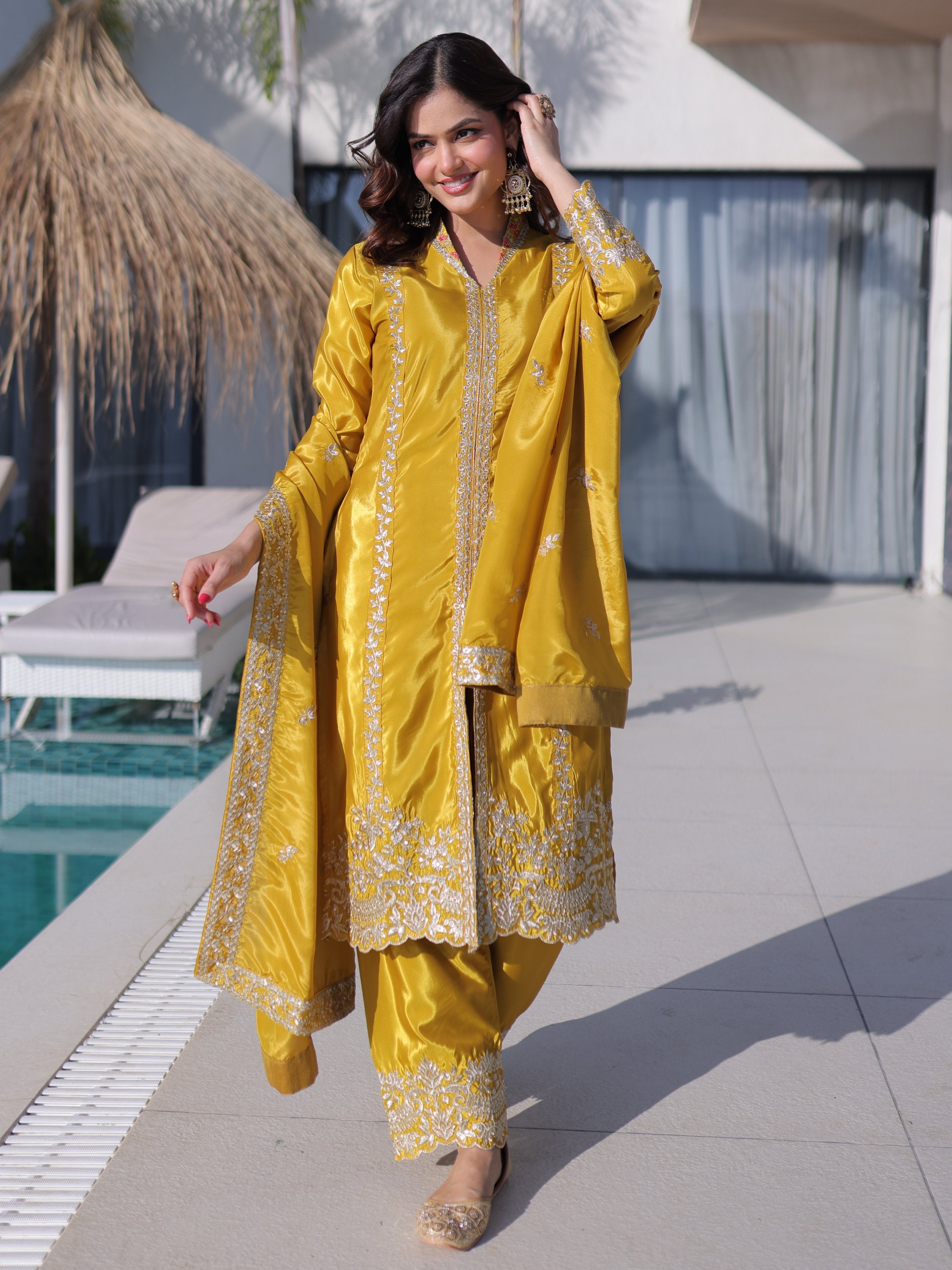 Splendid Mustard Yellow Zari Work Silk Haldi Wear Pant Suit With Dupatta
