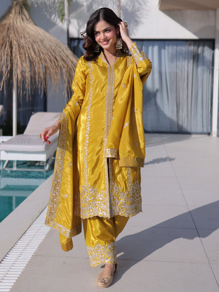 Splendid Mustard Yellow Zari Work Silk Haldi Wear Pant Suit With Dupatta