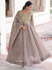 Outstanding Gray Zari Work Crushed Marriage Wear Gown With Dupatta