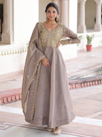 Outstanding Grey Zari Work Crushed Marriage Wear Gown With Dupatta