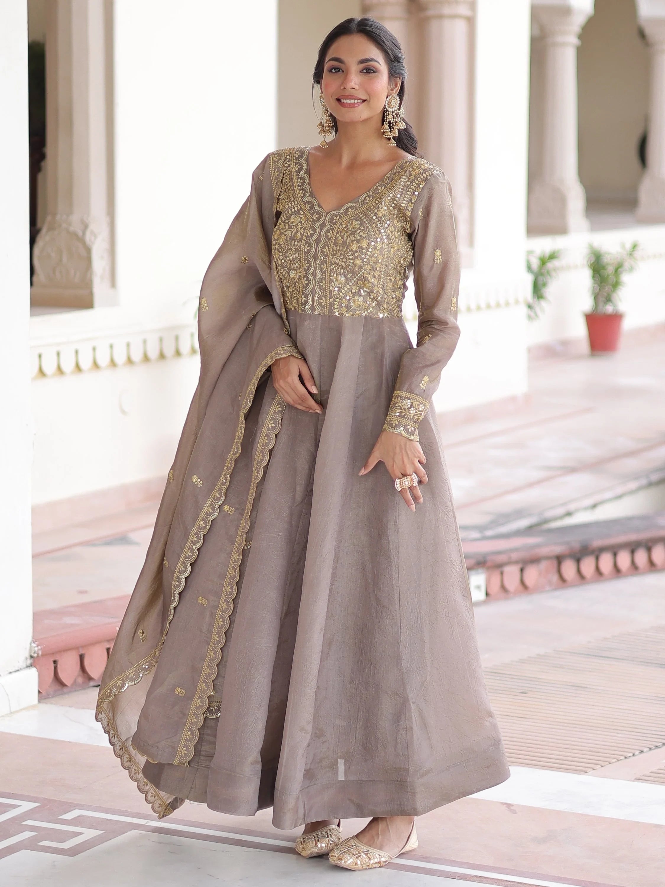 Outstanding Gray Zari Work Crushed Marriage Wear Gown With Dupatta