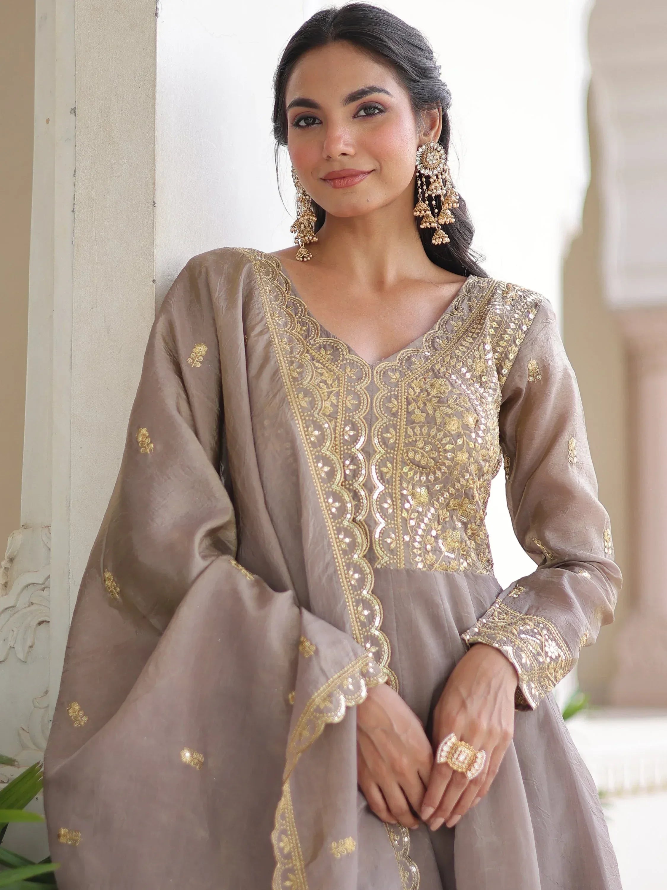 Outstanding Gray Zari Work Crushed Marriage Wear Gown With Dupatta
