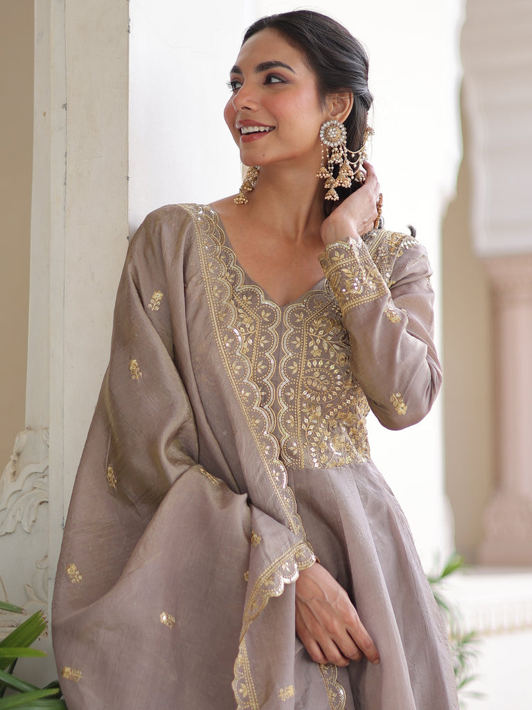Outstanding Gray Zari Work Crushed Marriage Wear Gown With Dupatta