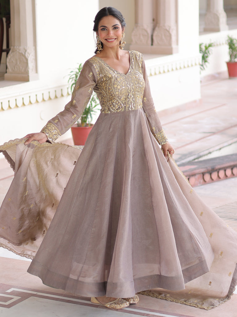 Outstanding Gray Zari Work Crushed Marriage Wear Gown With Dupatta