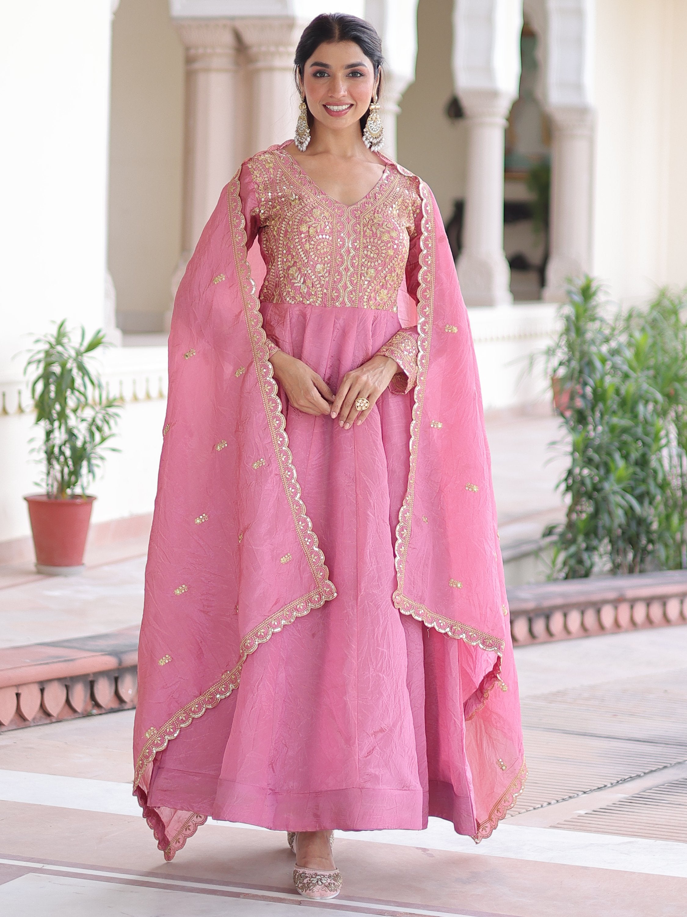 Pretty Pink Sequins Crushed Engagement Wear Gown With Dupatta