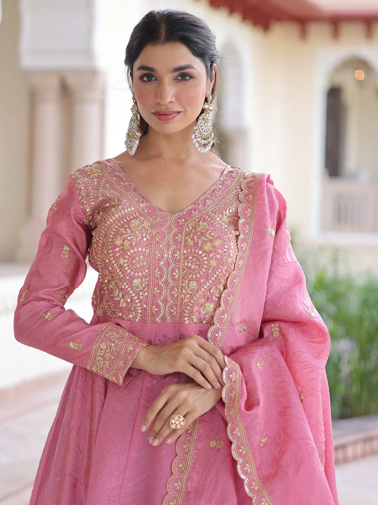 Pretty Pink Sequins Crushed Engagement Wear Gown With Dupatta