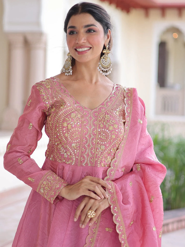 Pretty Pink Sequins Crushed Engagement Wear Gown With Dupatta