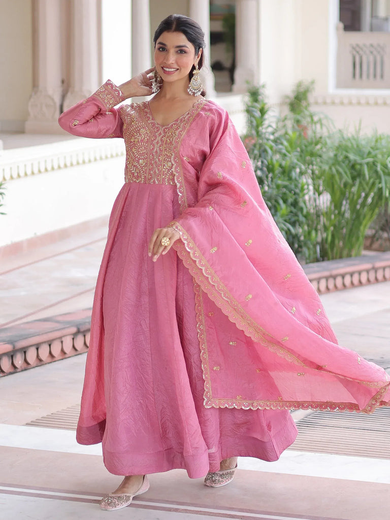 Pretty Pink Sequins Crushed Engagement Wear Gown With Dupatta