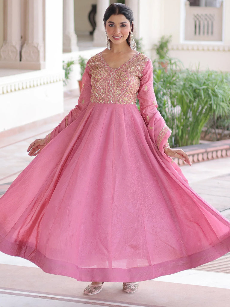 Pretty Pink Sequins Crushed Engagement Wear Gown With Dupatta