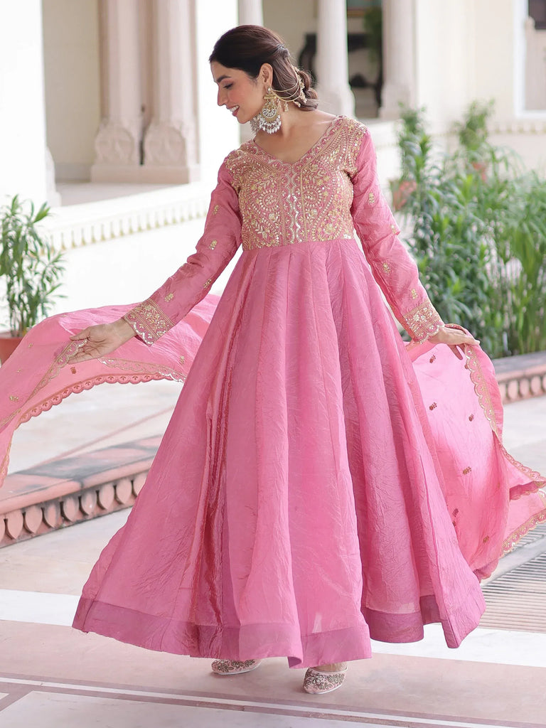 Pretty Pink Sequins Crushed Engagement Wear Gown With Dupatta