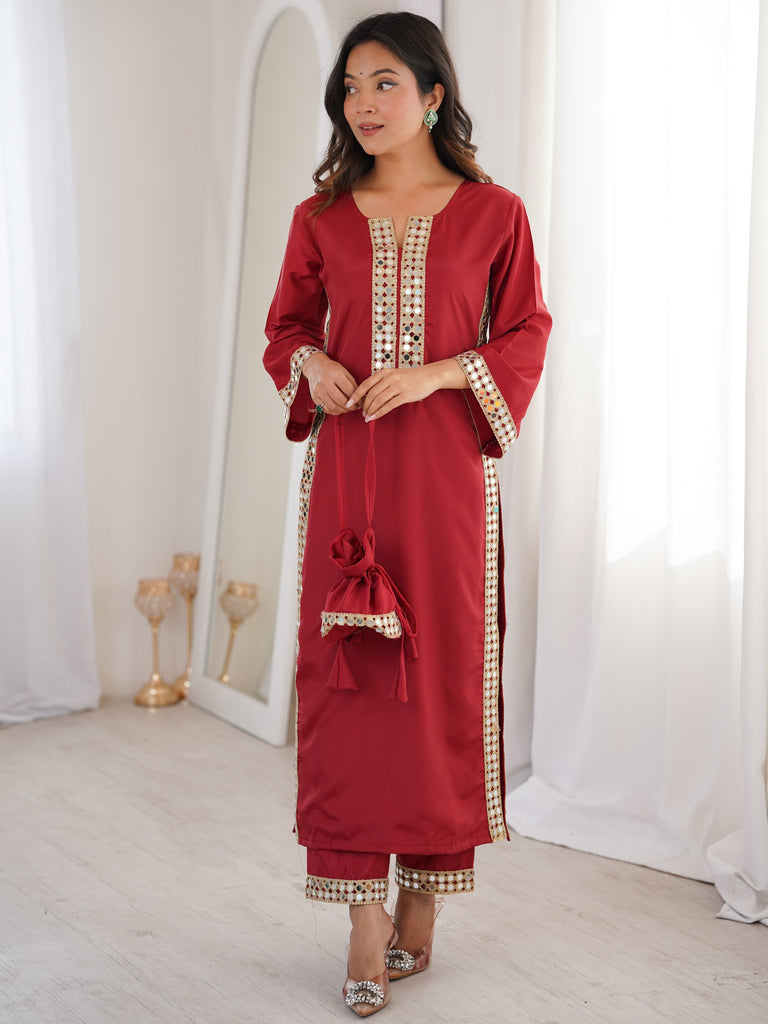 Stylish Red Mirror Laced Crepe Wedding Wear Kurti With Pant