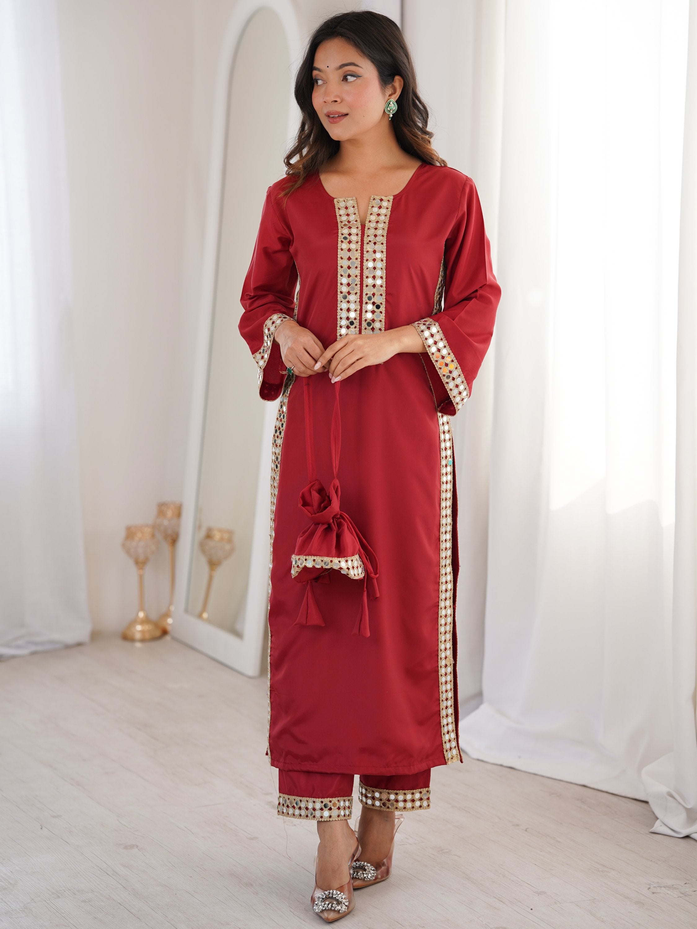 Stylish Red Mirror Laced Crepe Wedding Wear Kurti With Pant