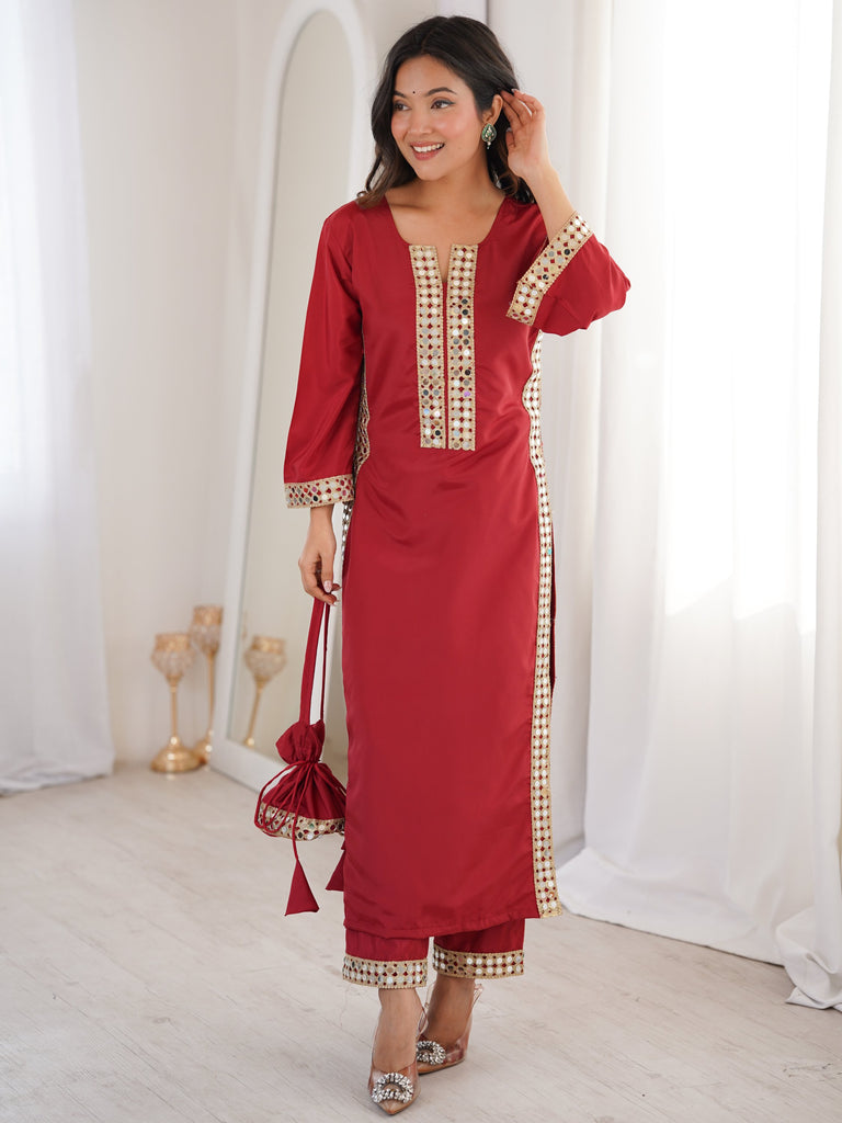 Stylish Red Mirror Laced Crepe Wedding Wear Kurti With Pant