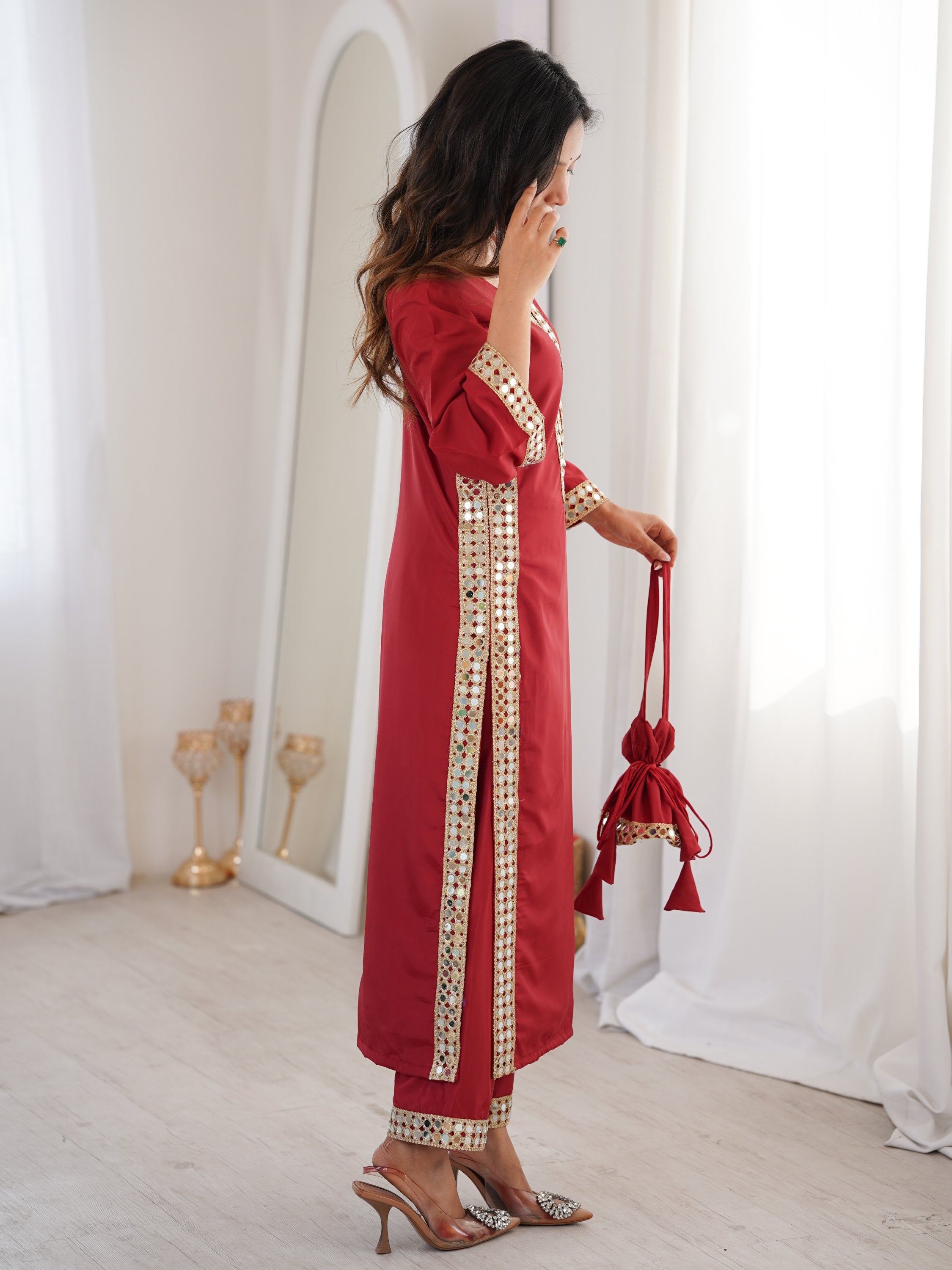 Stylish Red Mirror Laced Crepe Wedding Wear Kurti With Pant