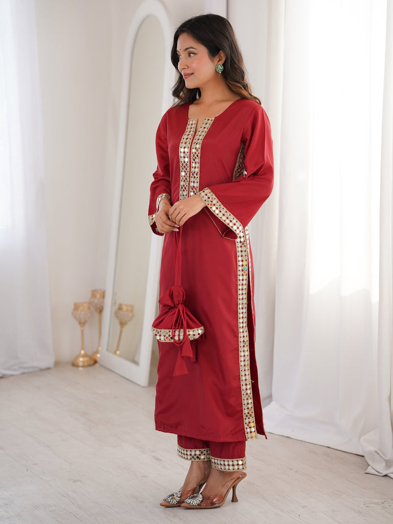Stylish Red Mirror Laced Crepe Wedding Wear Kurti With Pant