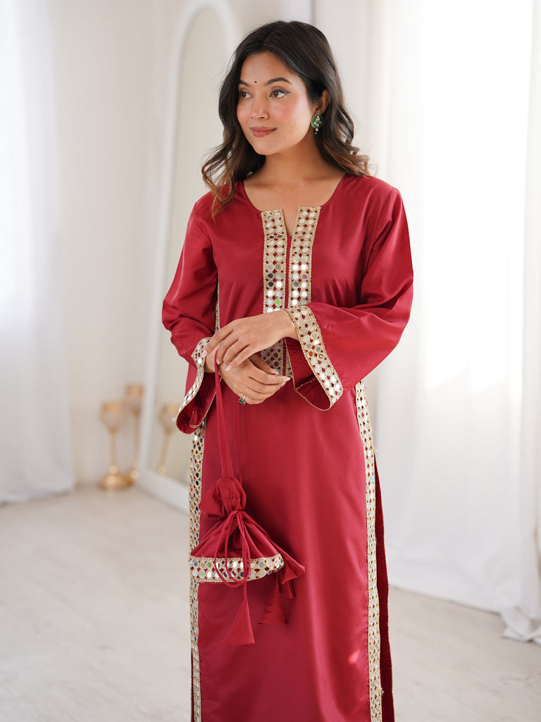Stylish Red Mirror Laced Crepe Wedding Wear Kurti With Pant