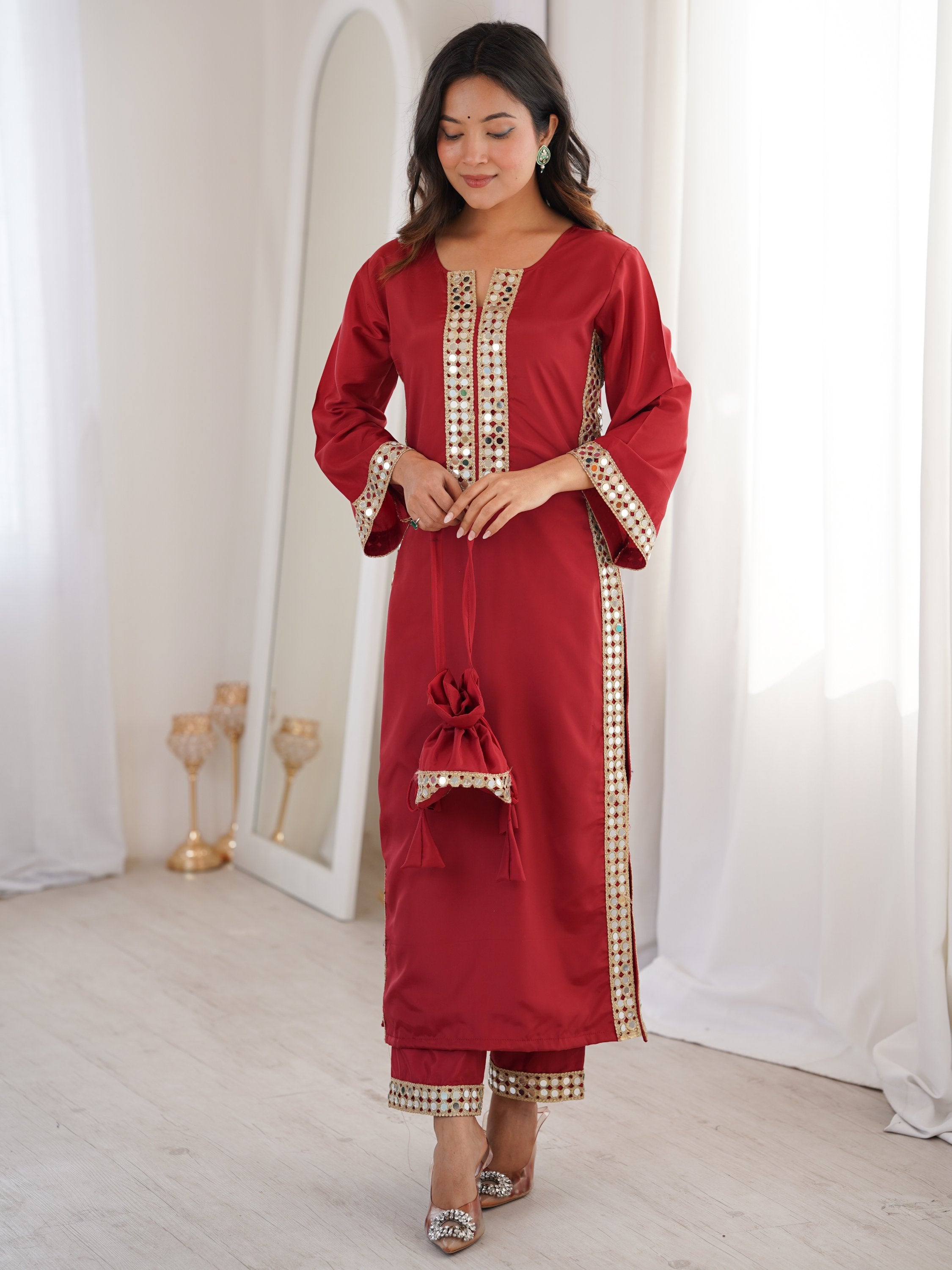 Stylish Red Mirror Laced Crepe Wedding Wear Kurti With Pant