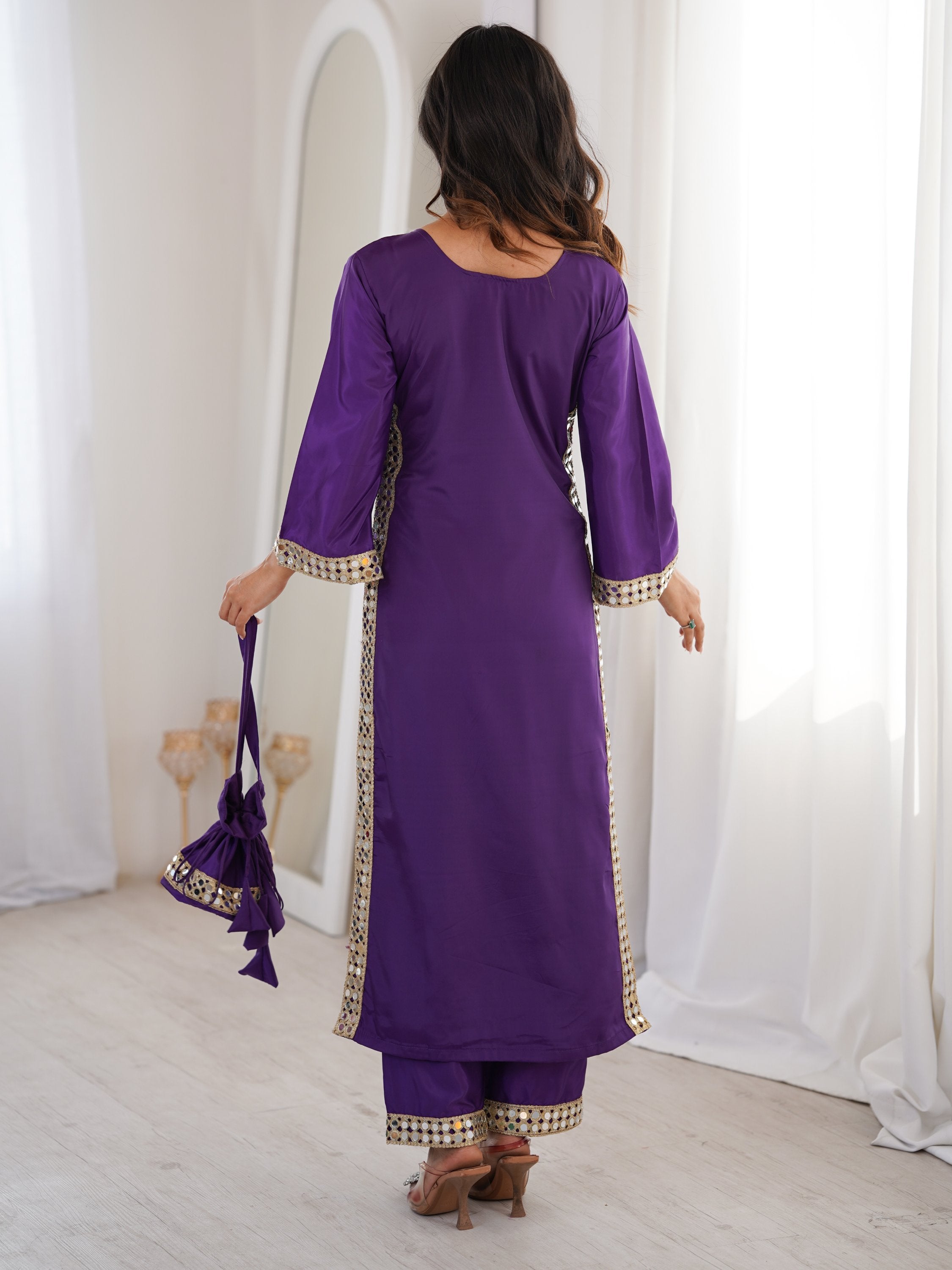 Awesome Purple Laced Work Crepe Festive Wear Kurti With Pant