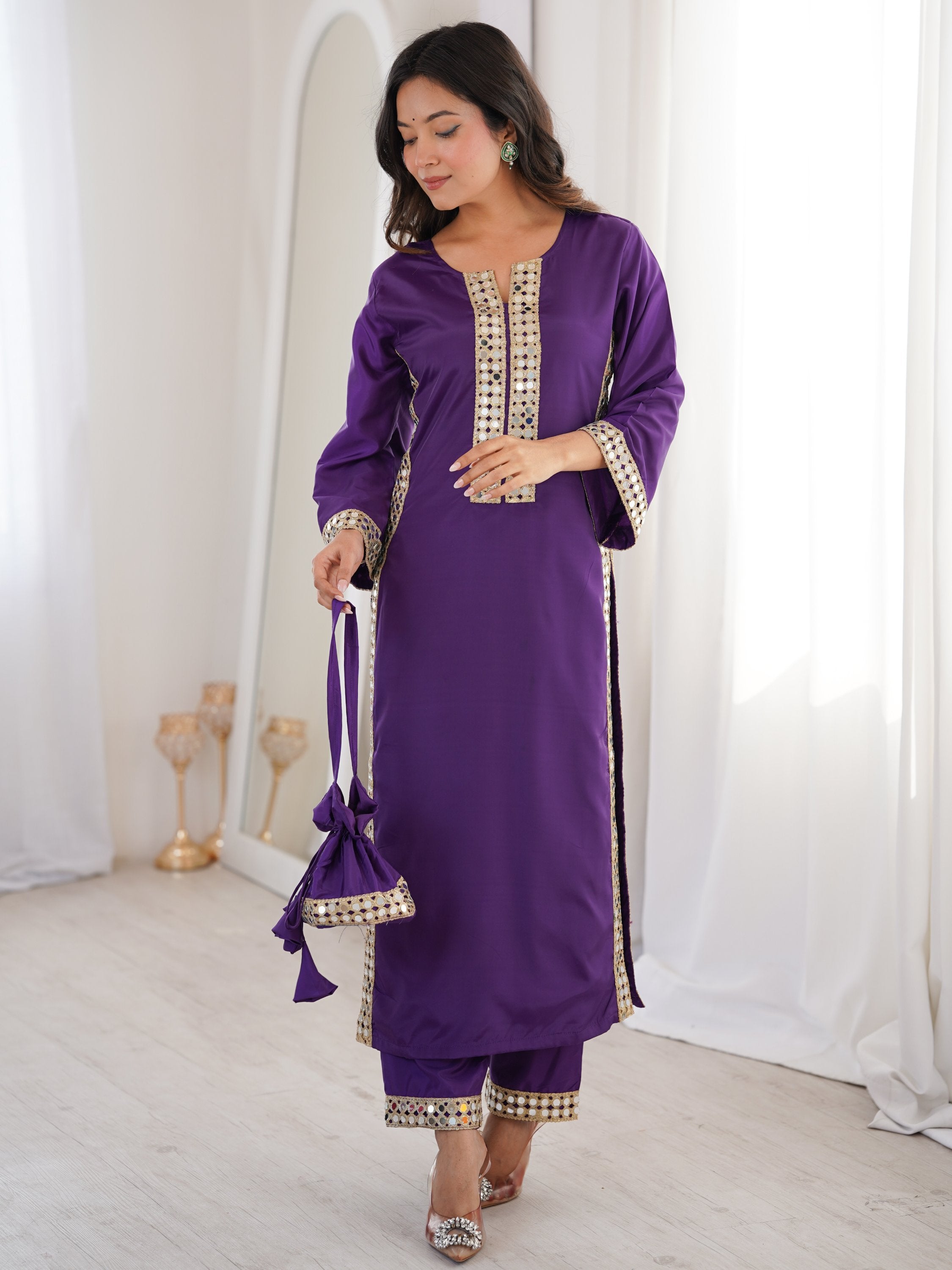 Awesome Purple Laced Work Crepe Festive Wear Kurti With Pant