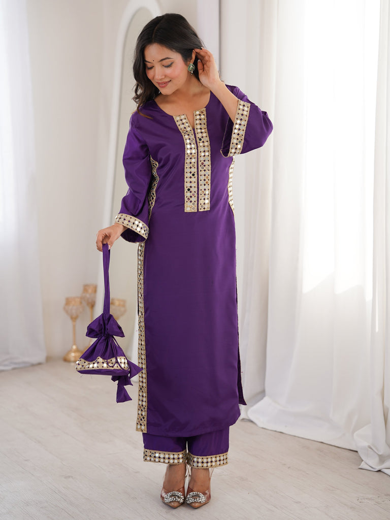 Awesome Purple Laced Work Crepe Festive Wear Kurti With Pant