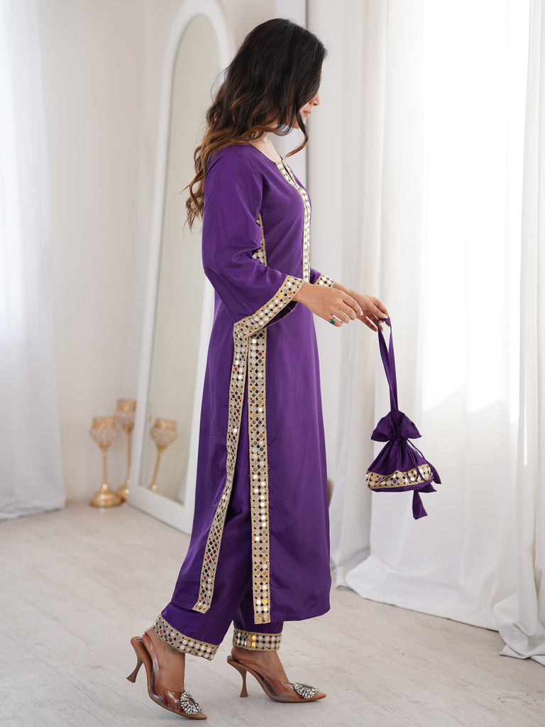 Awesome Purple Laced Work Crepe Festive Wear Kurti With Pant