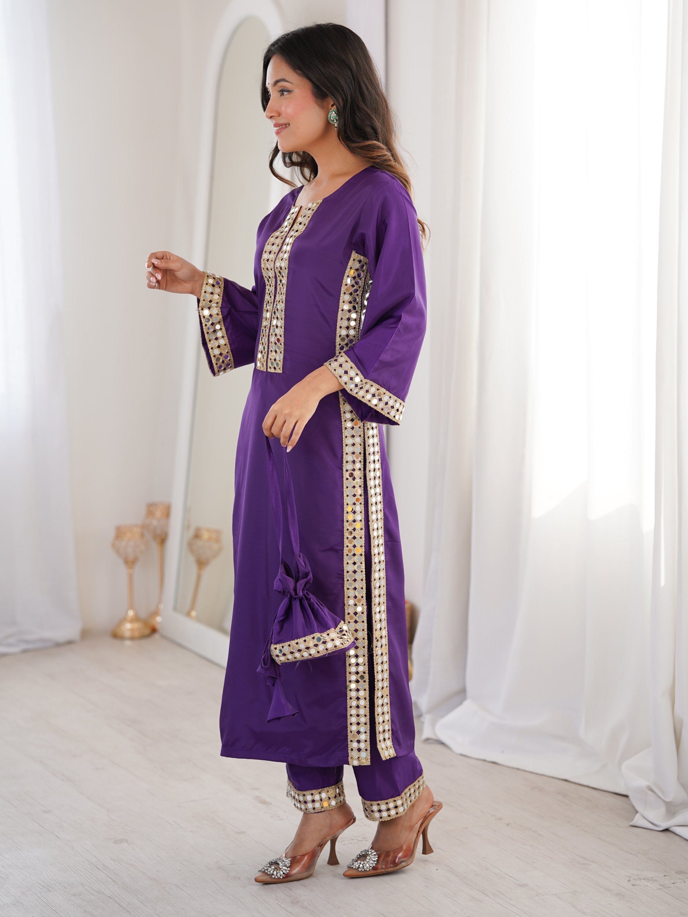 Awesome Purple Laced Work Crepe Festive Wear Kurti With Pant