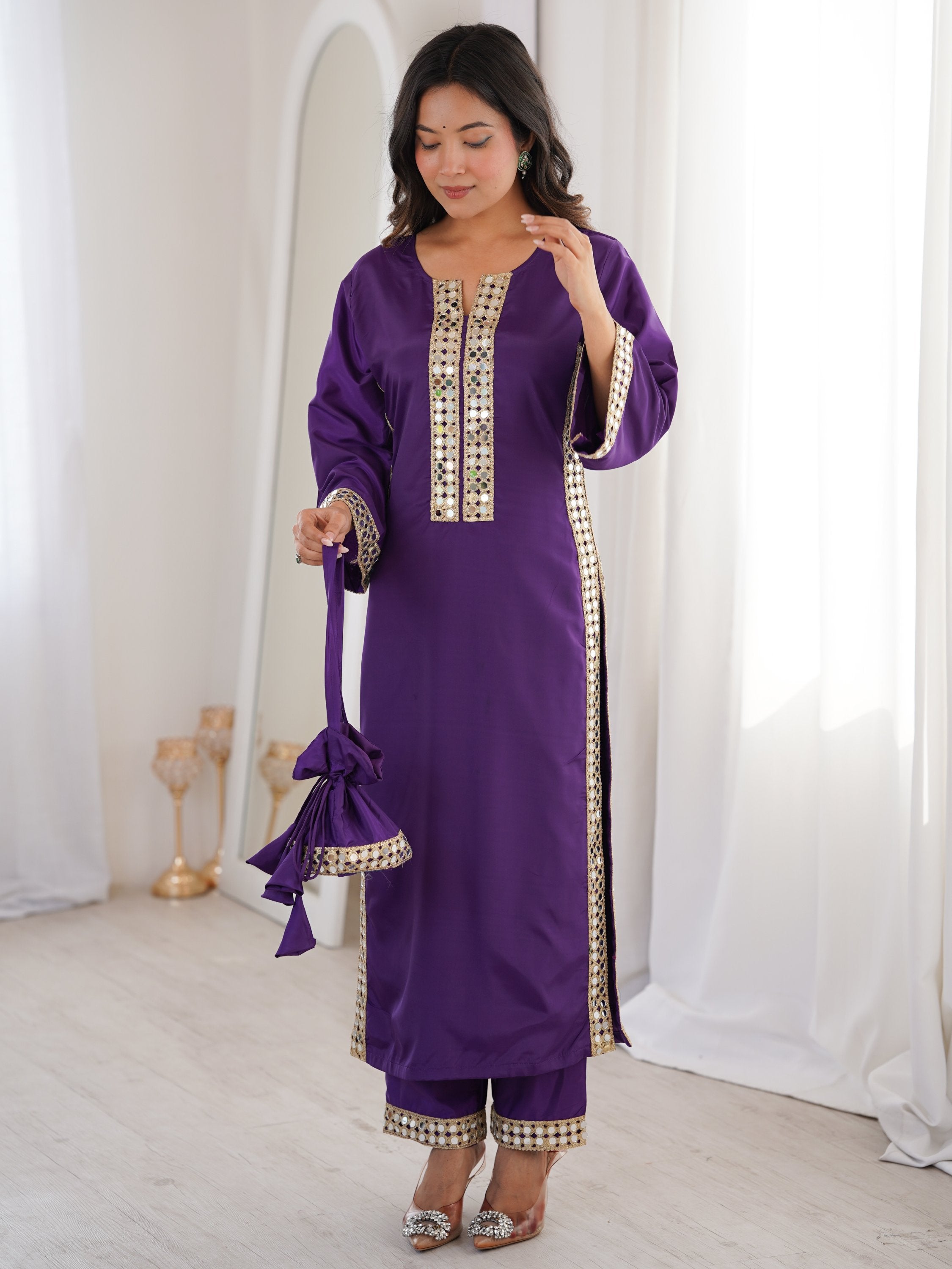 Awesome Purple Laced Work Crepe Festive Wear Kurti With Pant