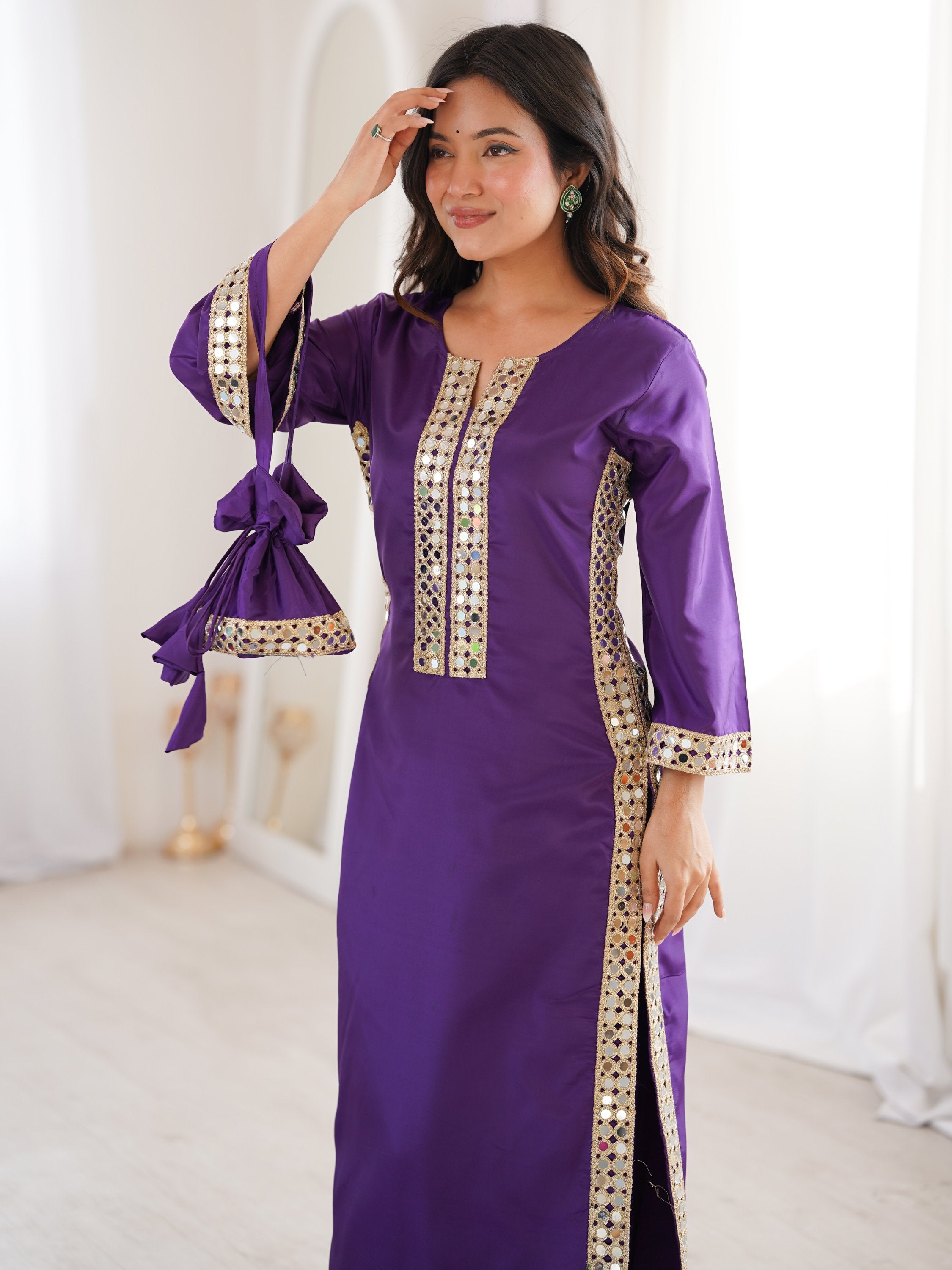 Awesome Purple Laced Work Crepe Festive Wear Kurti With Pant