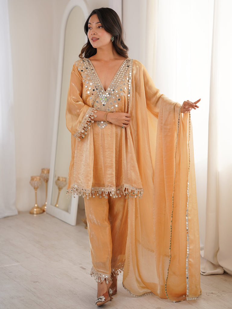 Marvelous Beige Lace Work Silk Wedding Wear Pant Suit With Dupatta