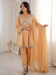 Marvelous Beige Lace Work Silk Wedding Wear Pant Suit With Dupatta