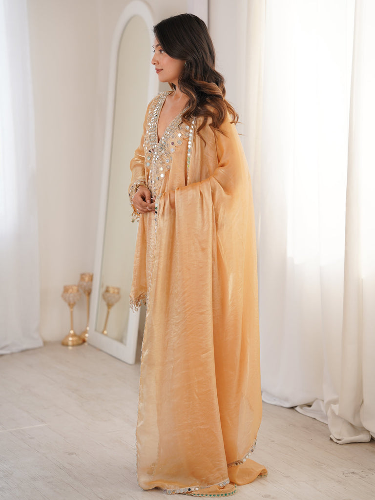 Marvelous Beige Lace Work Silk Wedding Wear Pant Suit With Dupatta