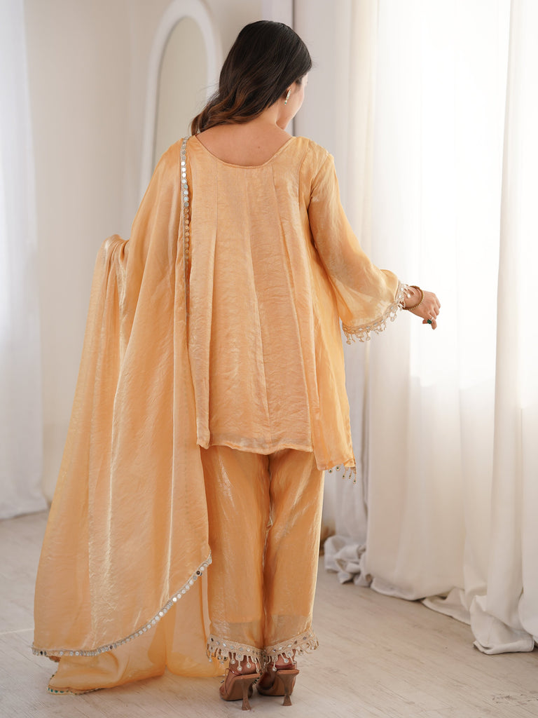 Marvelous Beige Lace Work Silk Wedding Wear Pant Suit With Dupatta