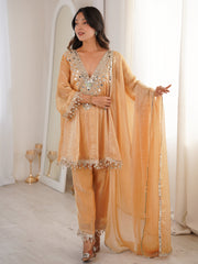 Marvelous Beige Lace Work Silk Wedding Wear Pant Suit With Dupatta