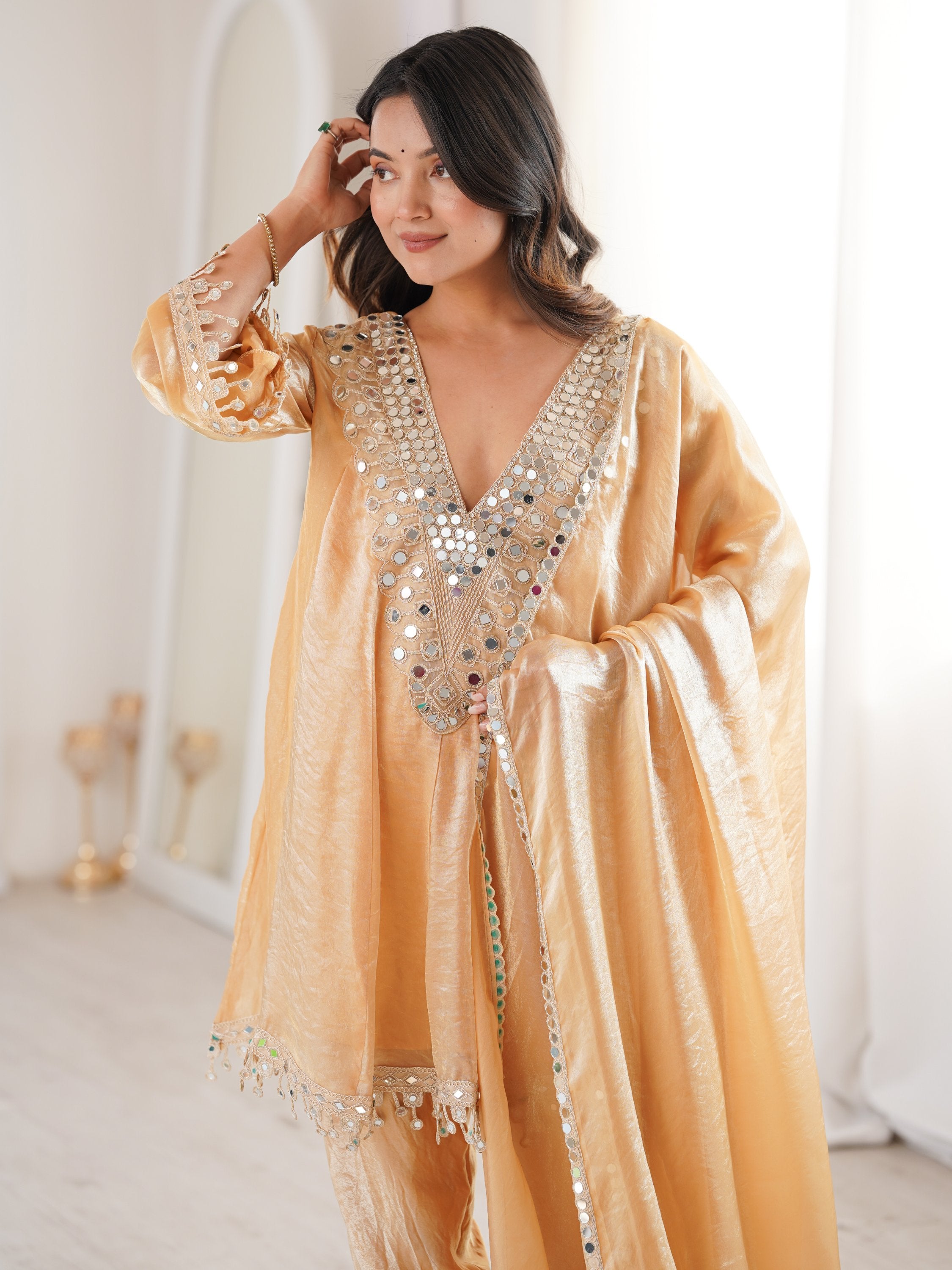 Marvelous Beige Lace Work Silk Wedding Wear Pant Suit With Dupatta