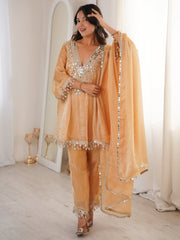 Marvelous Beige Lace Work Silk Wedding Wear Pant Suit With Dupatta