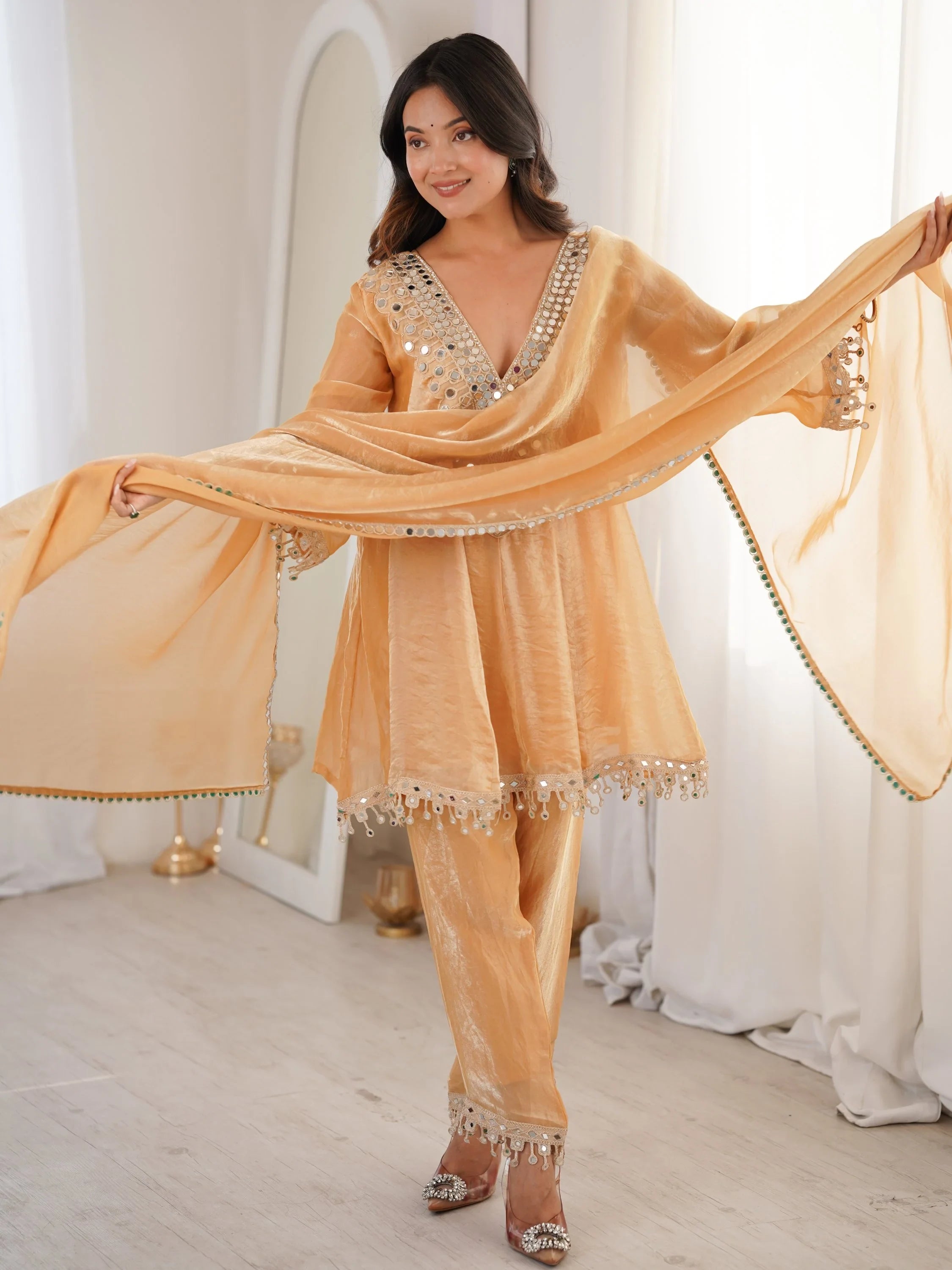 Marvelous Beige Lace Work Silk Wedding Wear Pant Suit With Dupatta