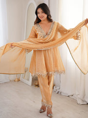 Marvelous Beige Lace Work Silk Wedding Wear Pant Suit With Dupatta